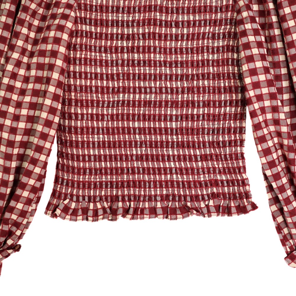 Gingham Smocked Cottagecore Top Womens M Red Textured Puff Sleeve &Merci NWT - Picture 3 of 11